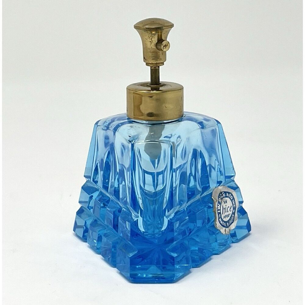 Vintage Turquoise Ice Blue Cut Glass Crystal Perfume Spray Bottle Irice Japan